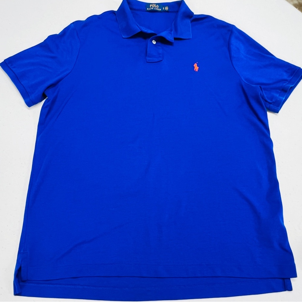 Polo Ralph Lauren Soft Cotton Royal Blue Polo Shirt Large Orange Pony EUC